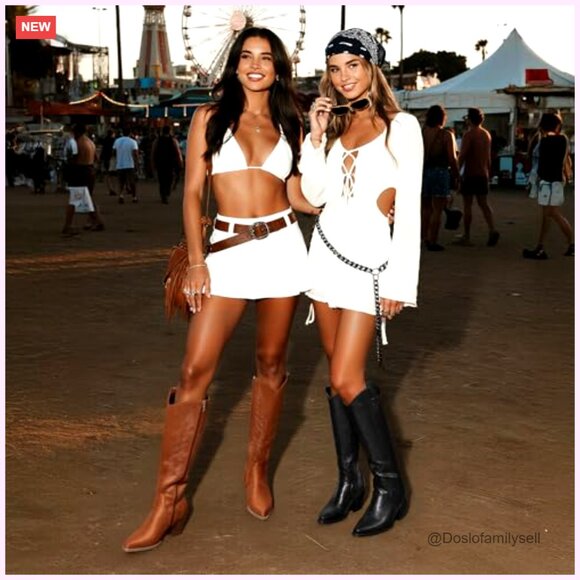 Womens Knee High Cowboy Boots Wide Calf Chunky Heel Pull On Zipper - Picture 3 of 7